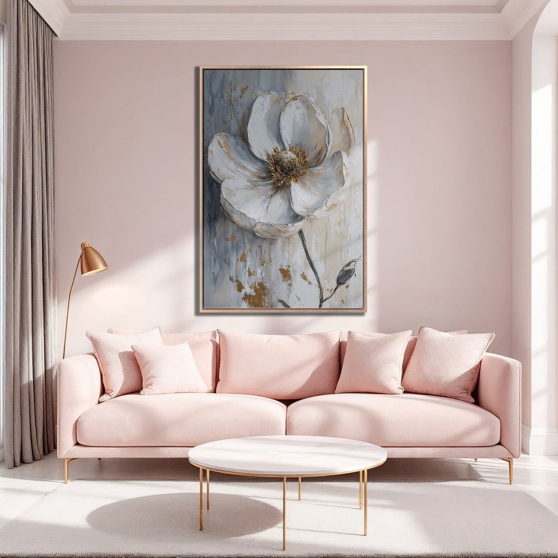 Framed Wall Art featuring a large white flower painting in a modern, abstract style. Soft pink and gold color palette, perfect for living room decor.