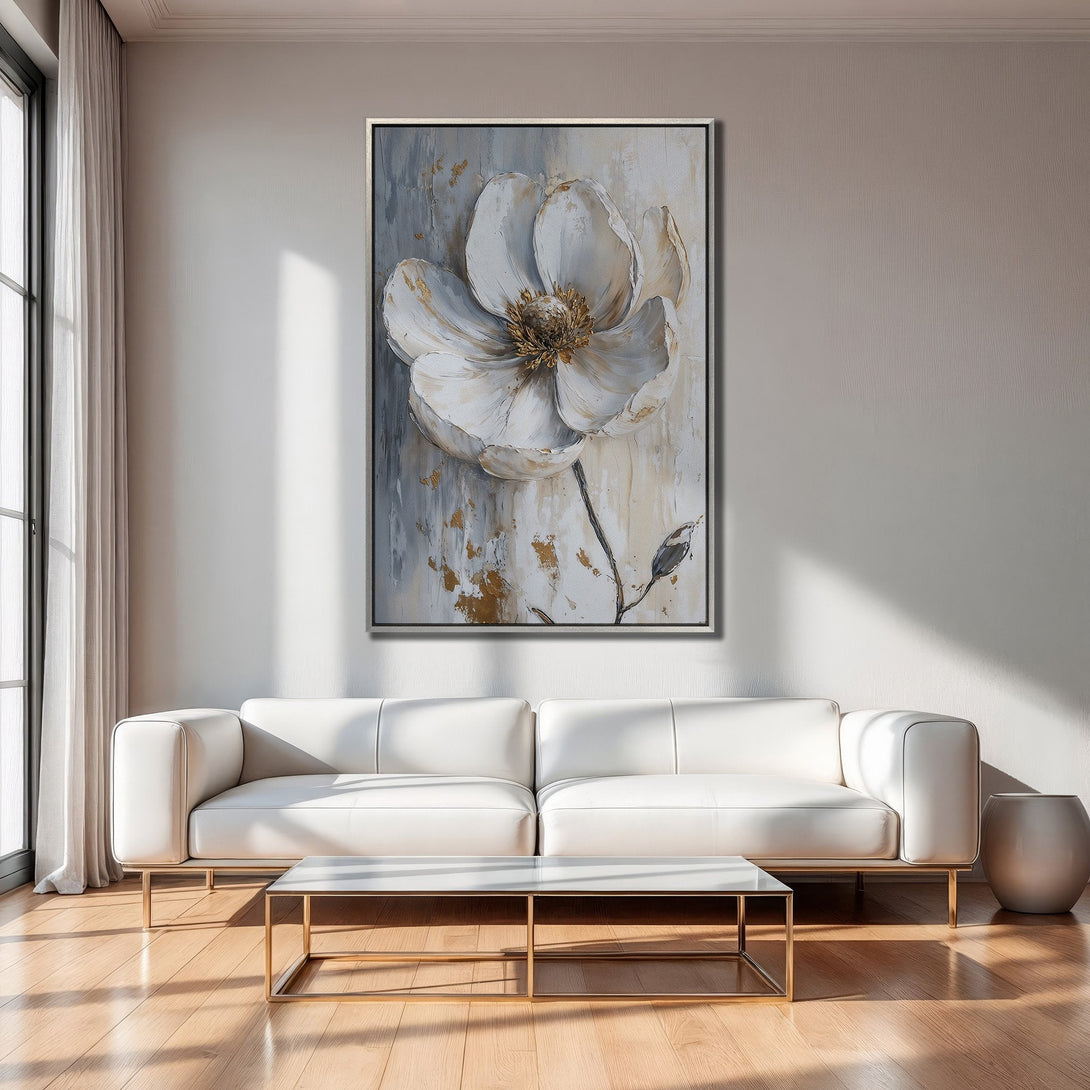Framed Wall Art: Elegant white flower painting in a modern interior. Neutral color palette with gold accents. Perfect for living room decor.