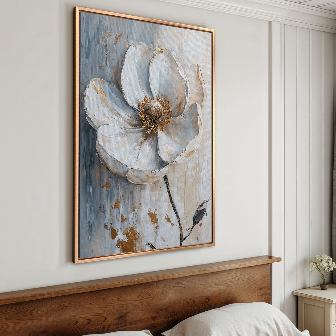 Framed Wall Art: Elegant white flower painting with gold accents. Modern abstract style, neutral color palette. Perfect for bedroom decor.