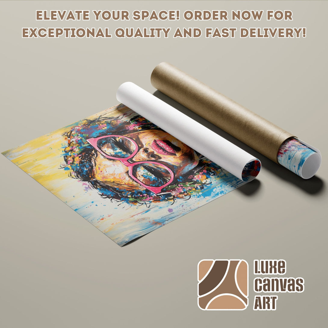 Abstract portrait poster roll with vibrant colors and pink accents. Elevate your space!