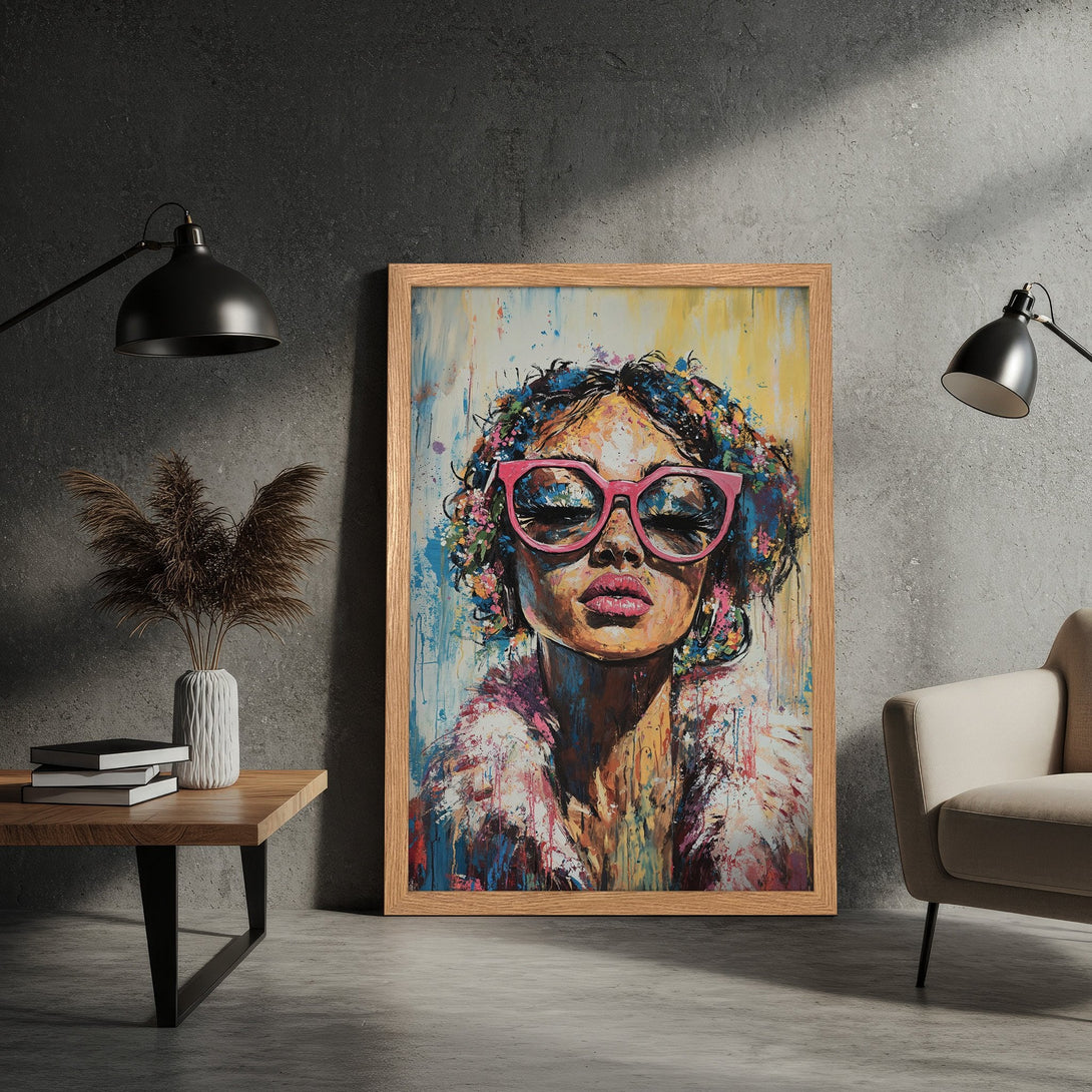 Framed Poster featuring a stylish woman with pink glasses, vibrant abstract art, and a colorful palette. Perfect wall decor!