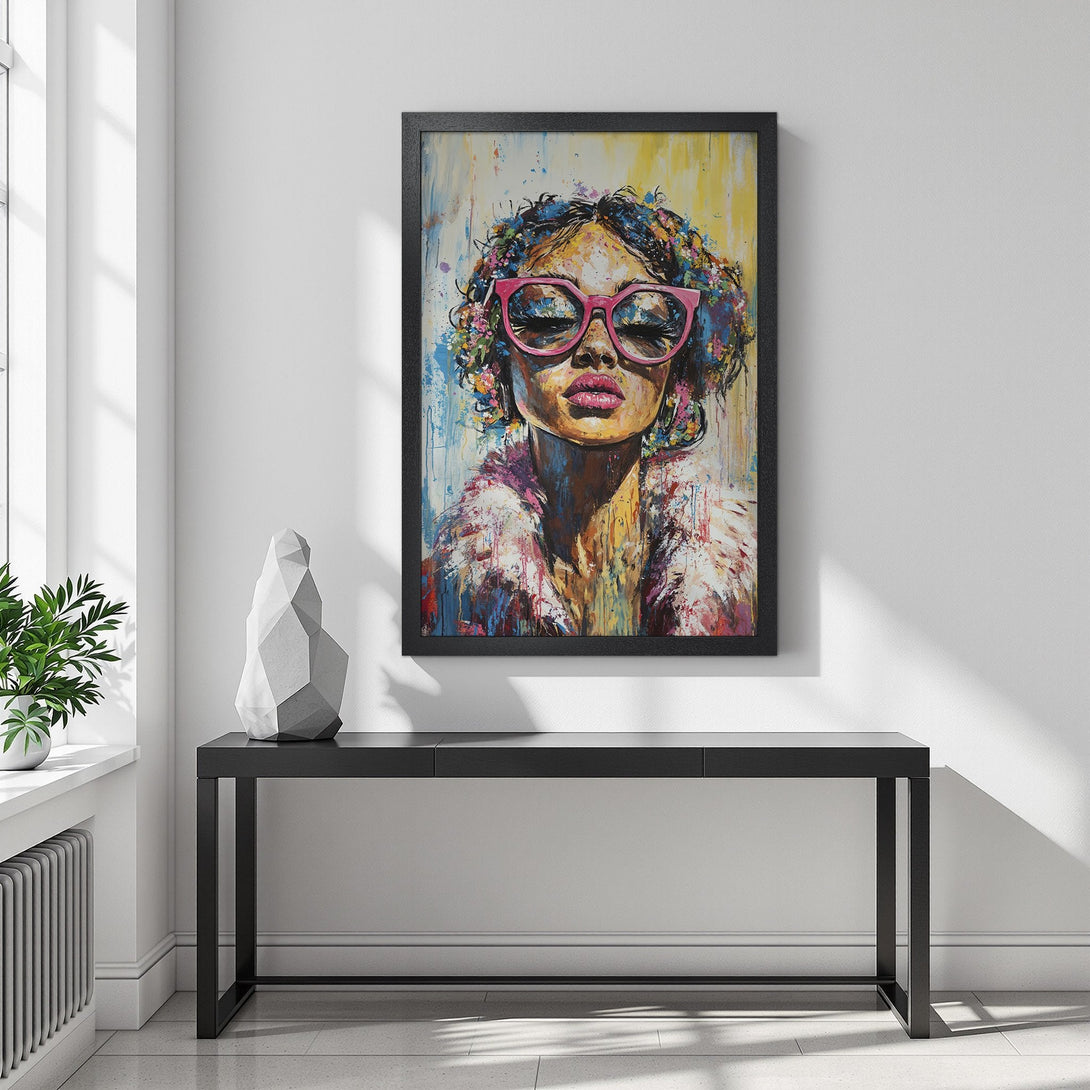 Framed Poster featuring a vibrant abstract portrait with pink sunglasses. Colorful art with a yellow, blue, and red palette. Perfect wall decor!