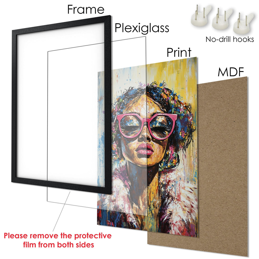 Framed Poster featuring a vibrant woman's portrait in an expressive style with a colorful palette. Perfect wall art!