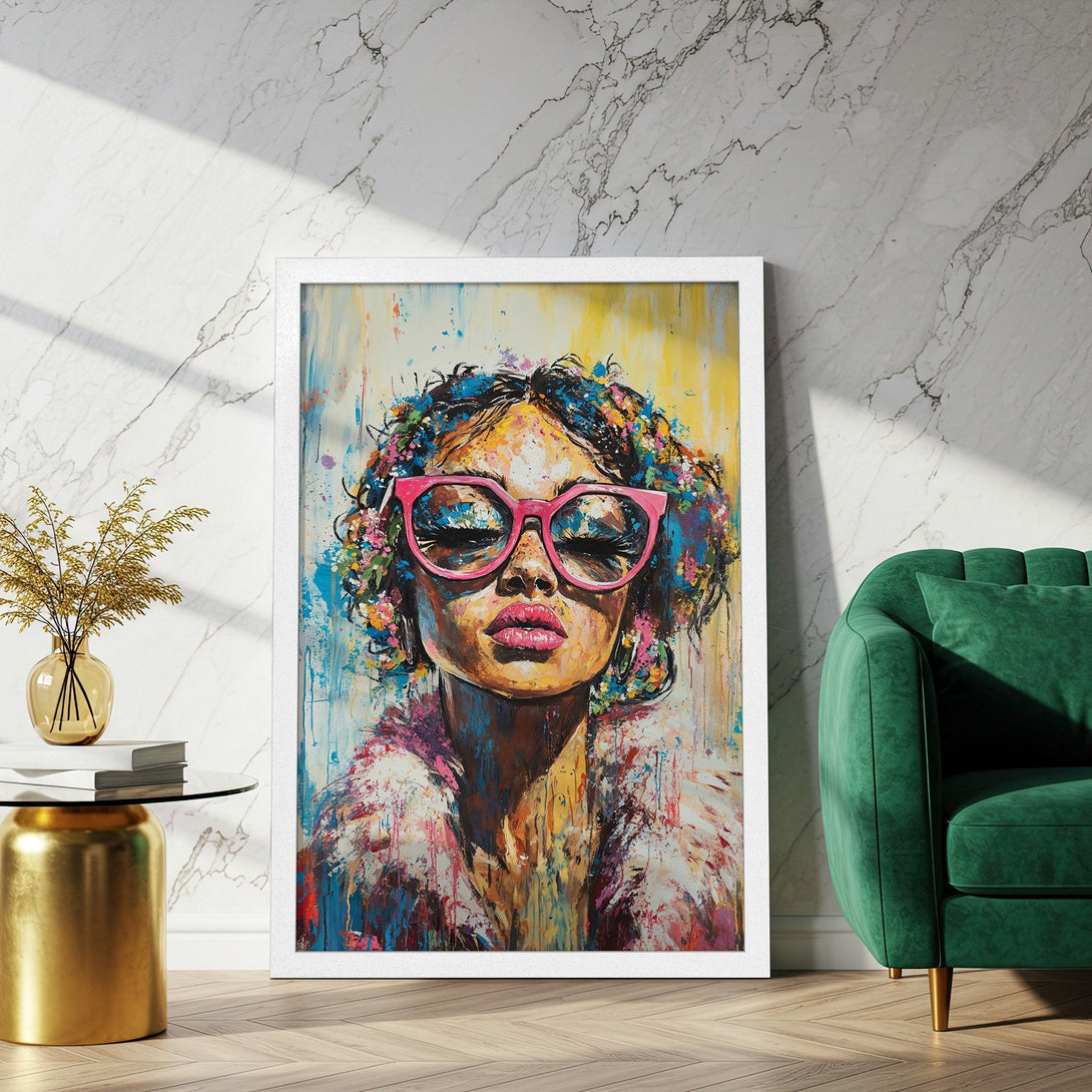 Framed Poster featuring a stylish woman with pink glasses. Colorful, expressive art with a vibrant palette of blues, pinks, and yellows. Perfect wall decor!