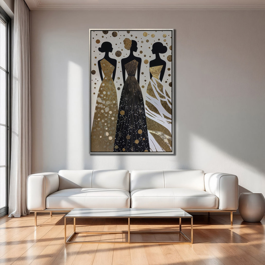 Framed Wall Art: Abstract women in gold and black dresses. Modern, minimalist decor with neutral color palette. Perfect for living room or bedroom.