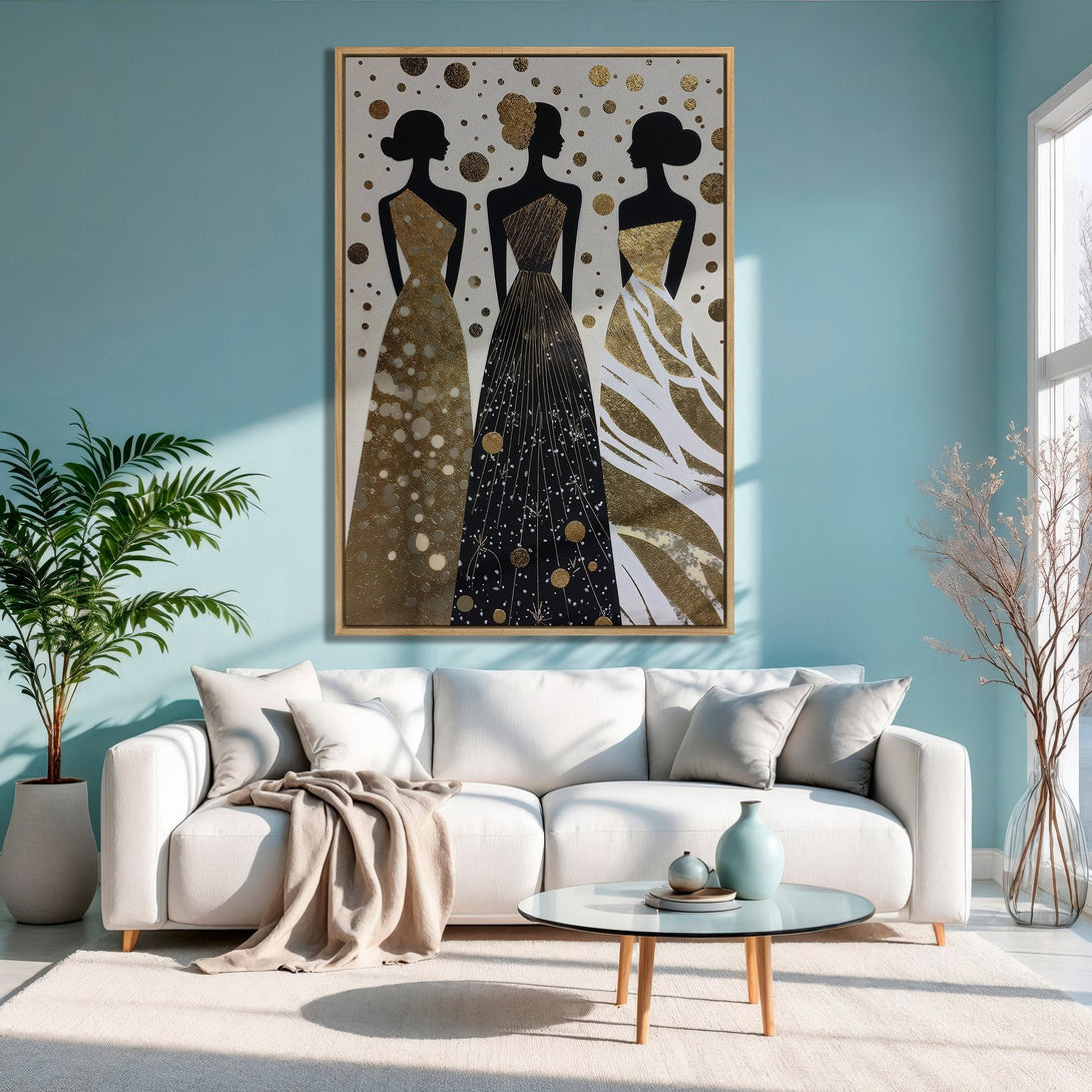 Framed Wall Art featuring elegant silhouettes in gold and black, perfect for adding a touch of glamour to any space. Modern, stylish decor.
