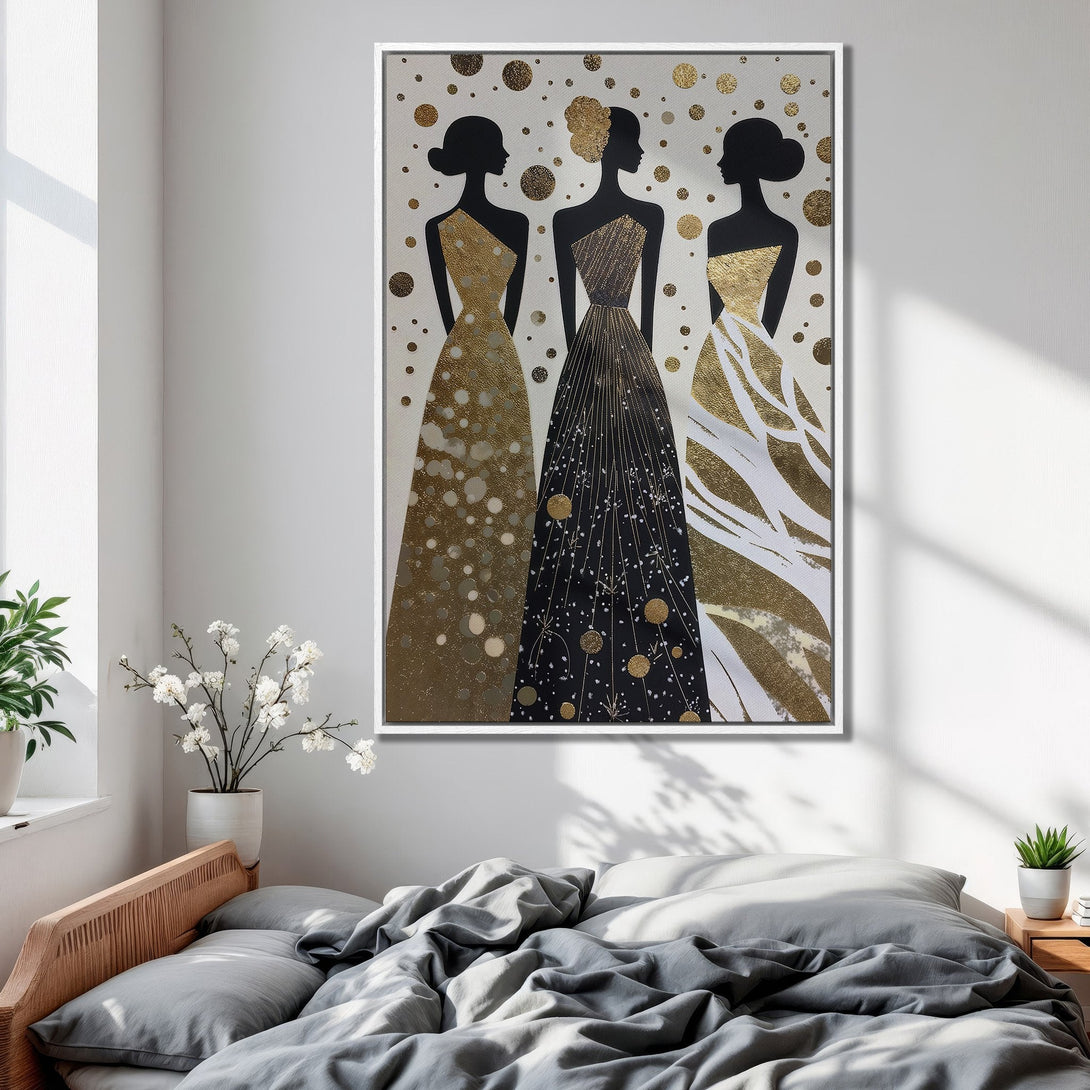 Framed Wall Art featuring elegant women silhouettes in gold and black. Modern art canvas print for bedroom decor, neutral color palette.