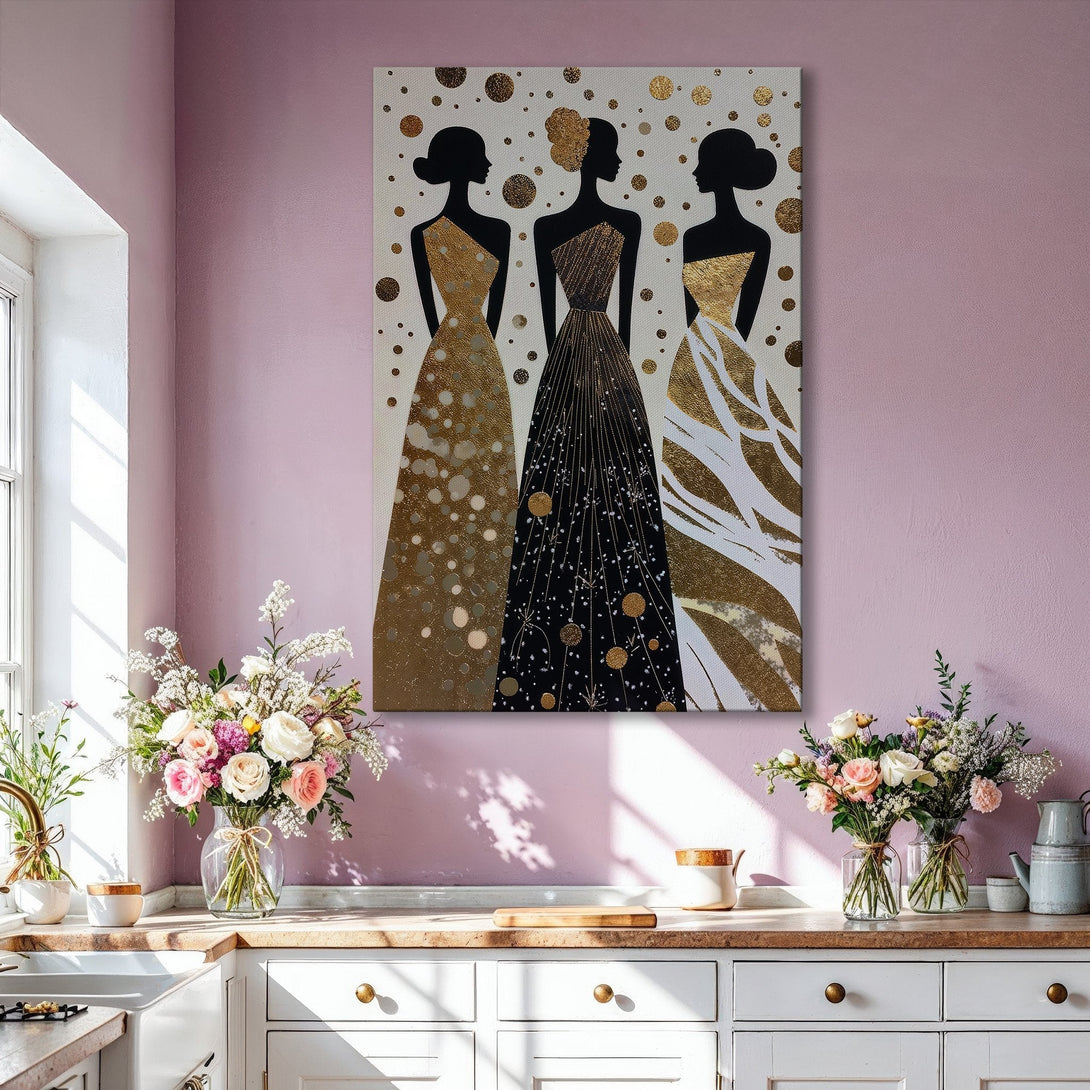 Framed Wall Art featuring elegant women in gold and black dresses. Modern abstract art in a luxe interior with a gold and neutral color palette.