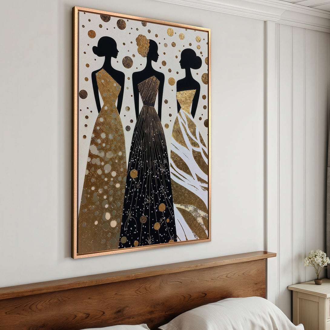Framed Wall Art featuring elegant silhouettes in gold and black. Modern art print with a neutral color palette, perfect for adding a touch of luxury to any space.