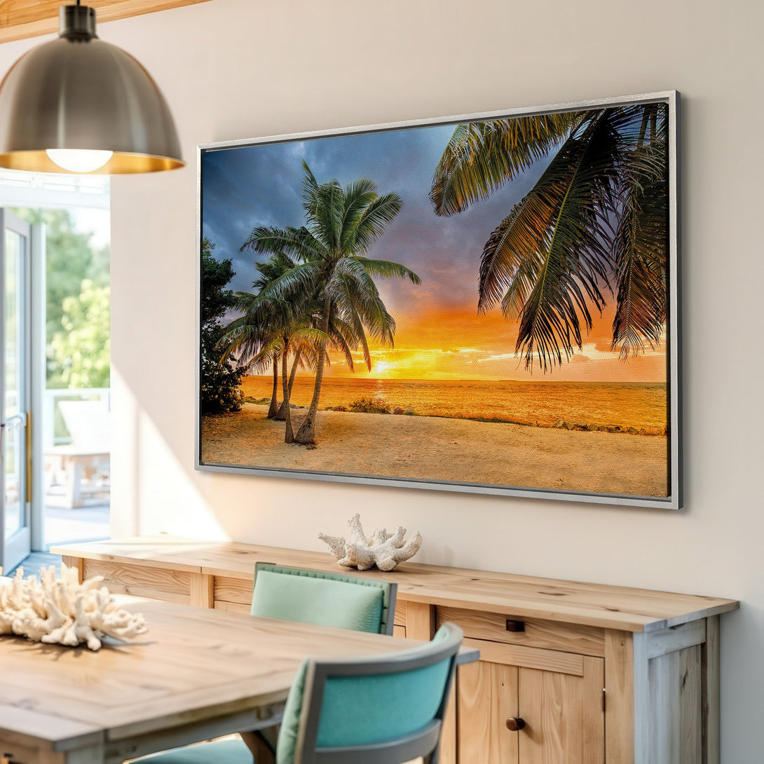Framed Wall Art: Tropical beach sunset Canvas Print. Coastal decor with palm trees, warm sunset colors, and a calming, natural style.