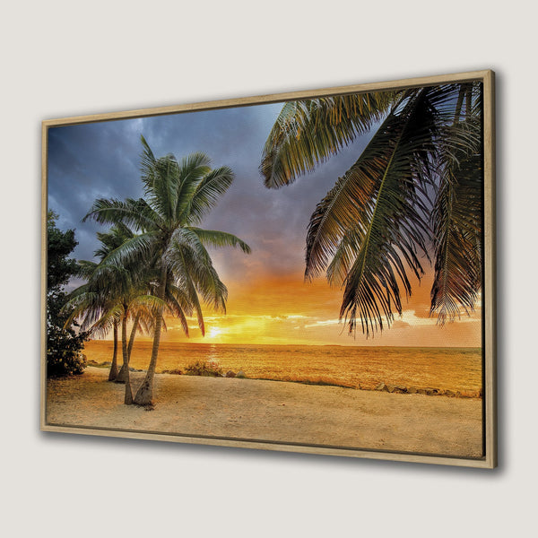 Framed Wall Art: Tropical sunset Canvas Print with palm trees and golden hues. Bring paradise to your home!