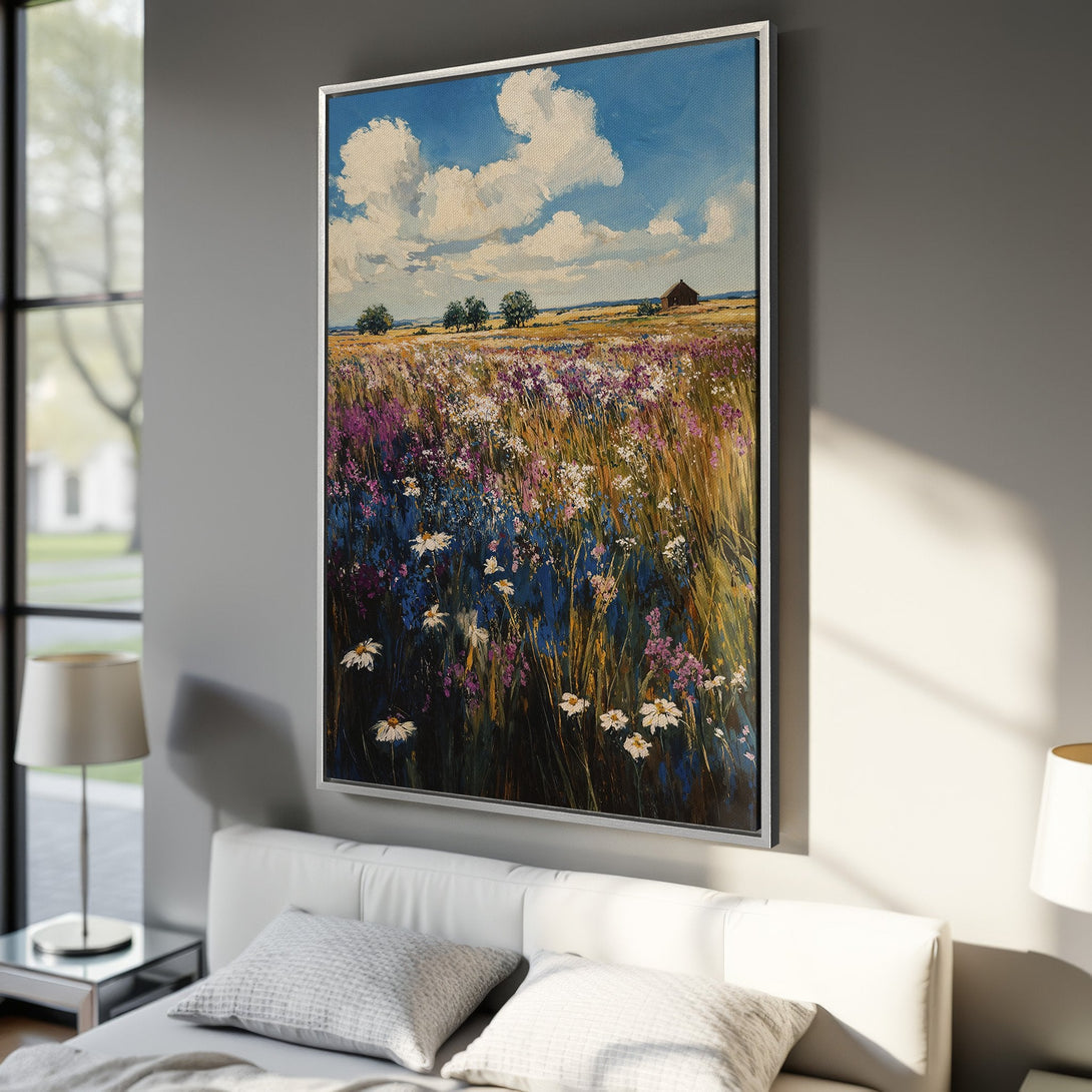 Framed Wall Art: Impressionist landscape Canvas Print with wildflowers, blue sky, and warm color palette. Perfect for adding a touch of nature to your home.