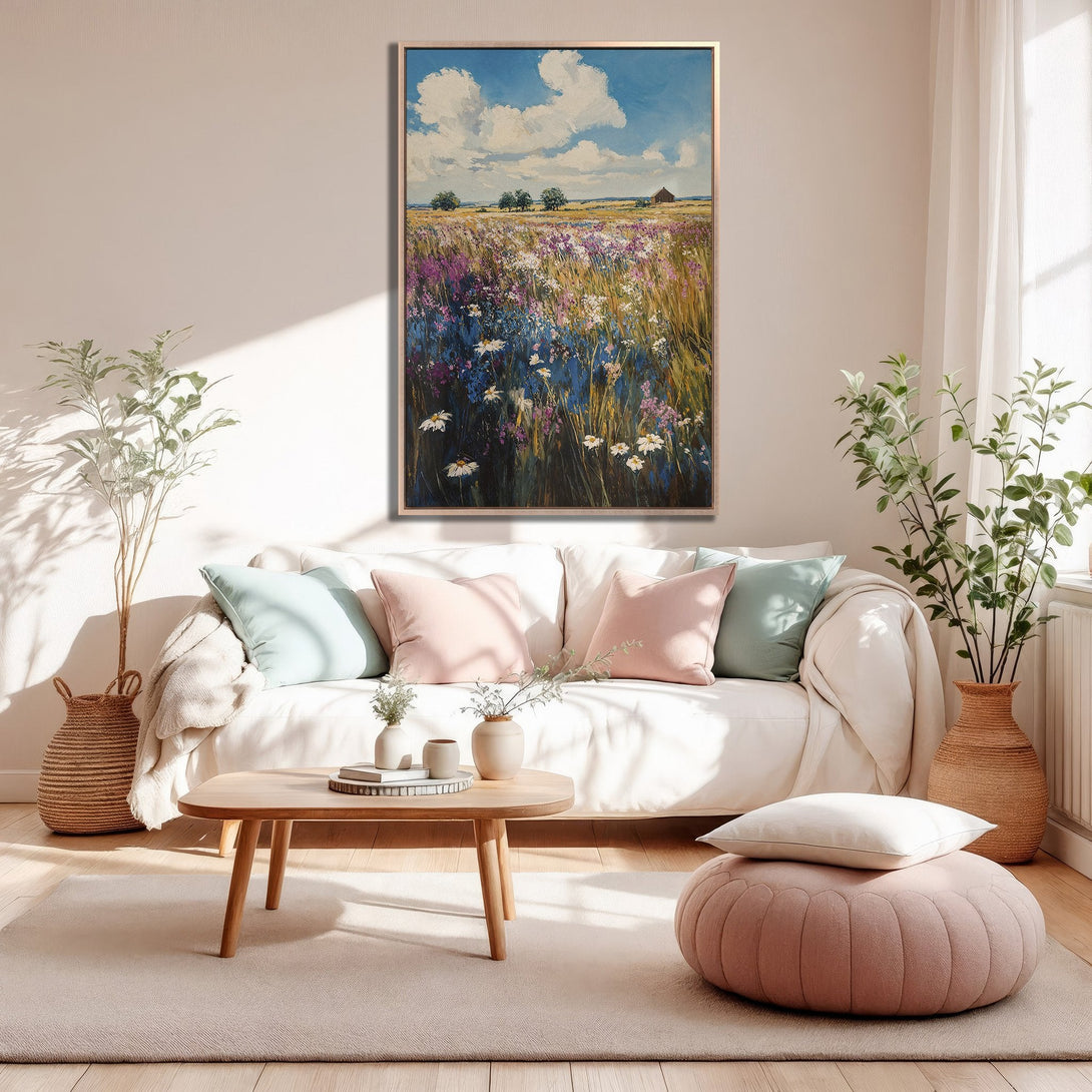 Framed Wall Art: Impressionist field painting in blue, purple, and yellow hues. Adds a touch of nature and serenity to any living room.