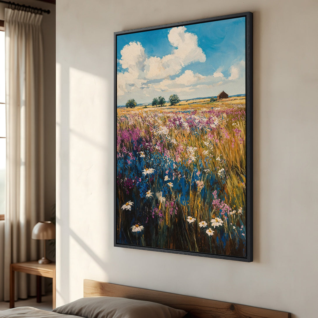 Framed Wall Art: Impressionistic field of wildflowers in blue, purple, and yellow hues. Enhance your space with this stunning canvas print!