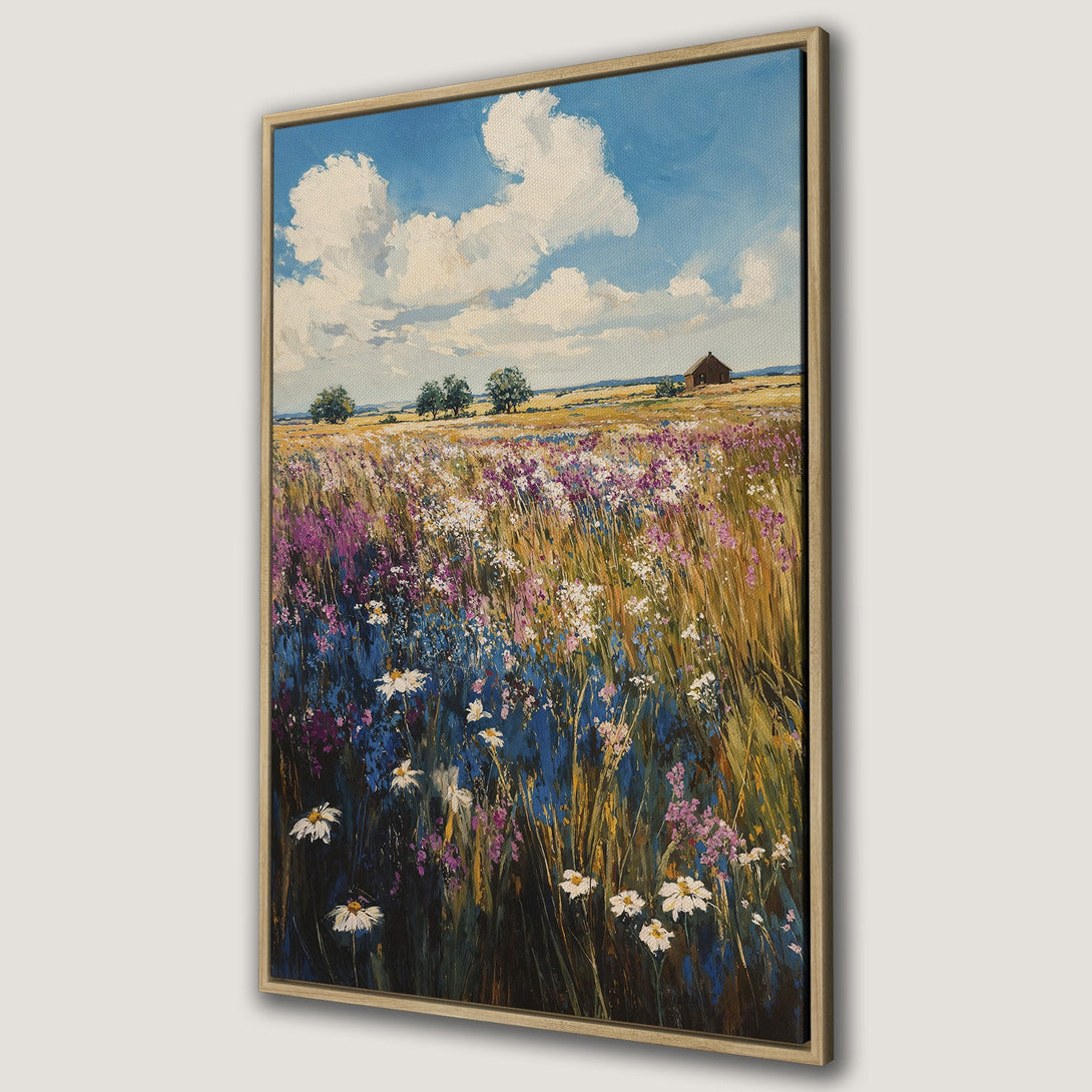 Framed Wall Art featuring a vibrant wildflower meadow under a blue sky. Impressionistic style with a palette of blues, purples, and golds. Canvas print for home decor.