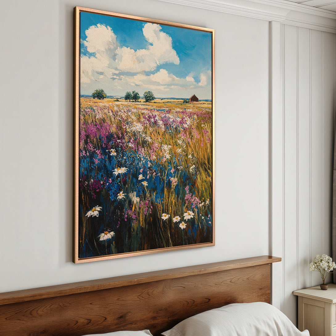 Framed Wall Art: Impressionist landscape painting of a wildflower field in vibrant blues, purples, and yellows. Bring the beauty of nature indoors!