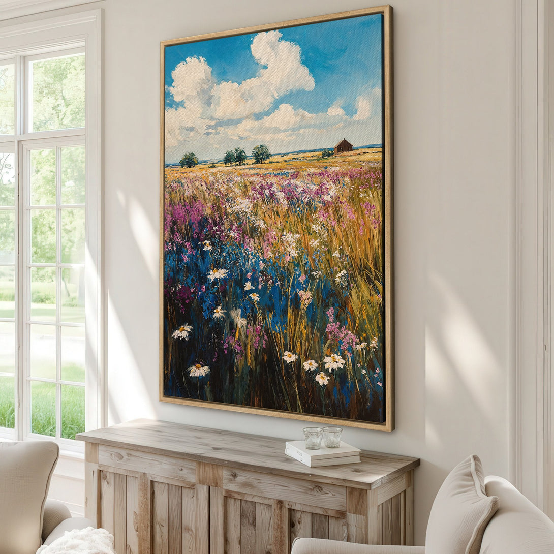 Framed Wall Art: Impressionist landscape Canvas Print with wildflowers, barn, and blue sky. Beautiful color palette of blues, purples, and gold. Perfect home decor.