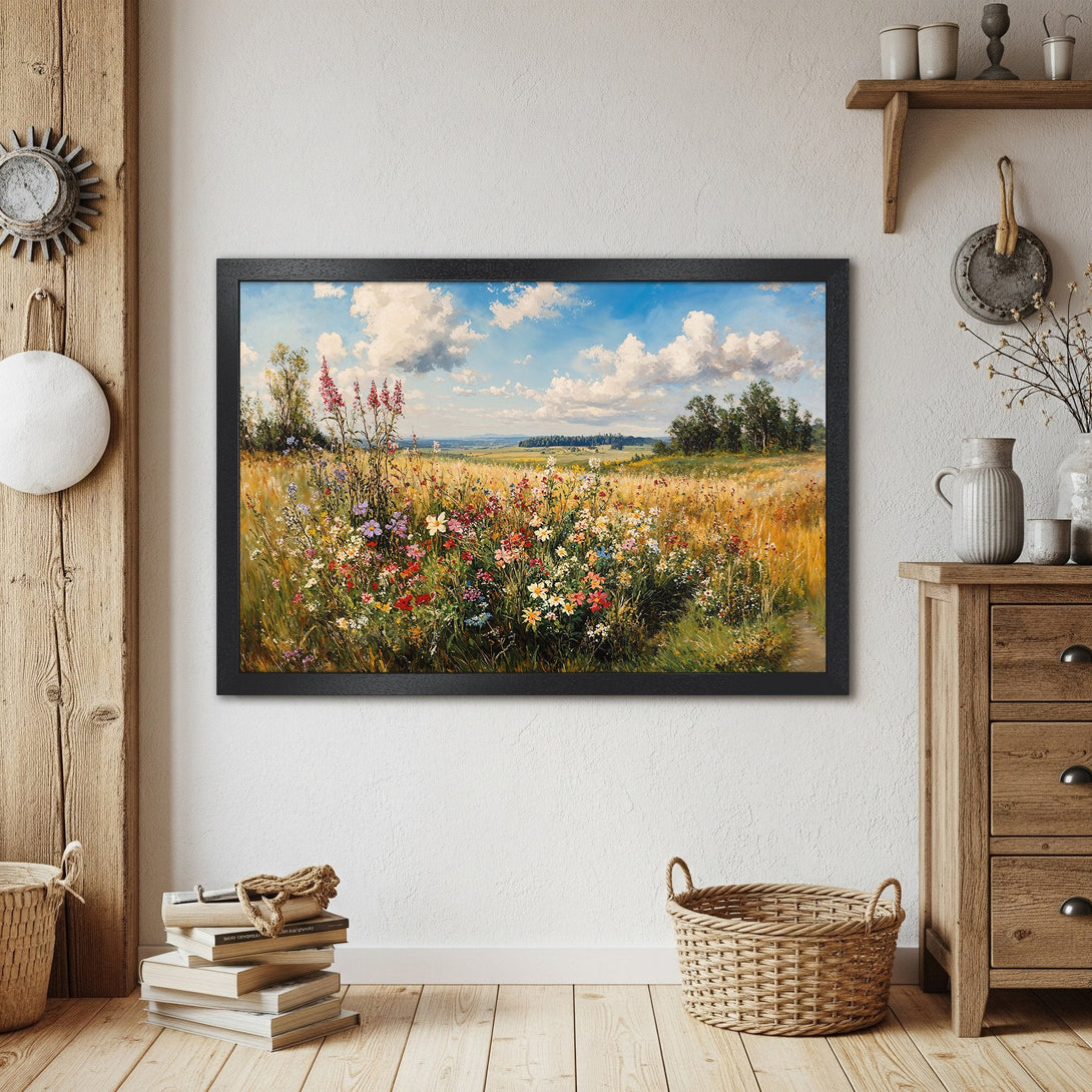 Framed Poster of a vibrant field landscape painting in warm, earthy tones. Perfect wall art for a cozy home.
