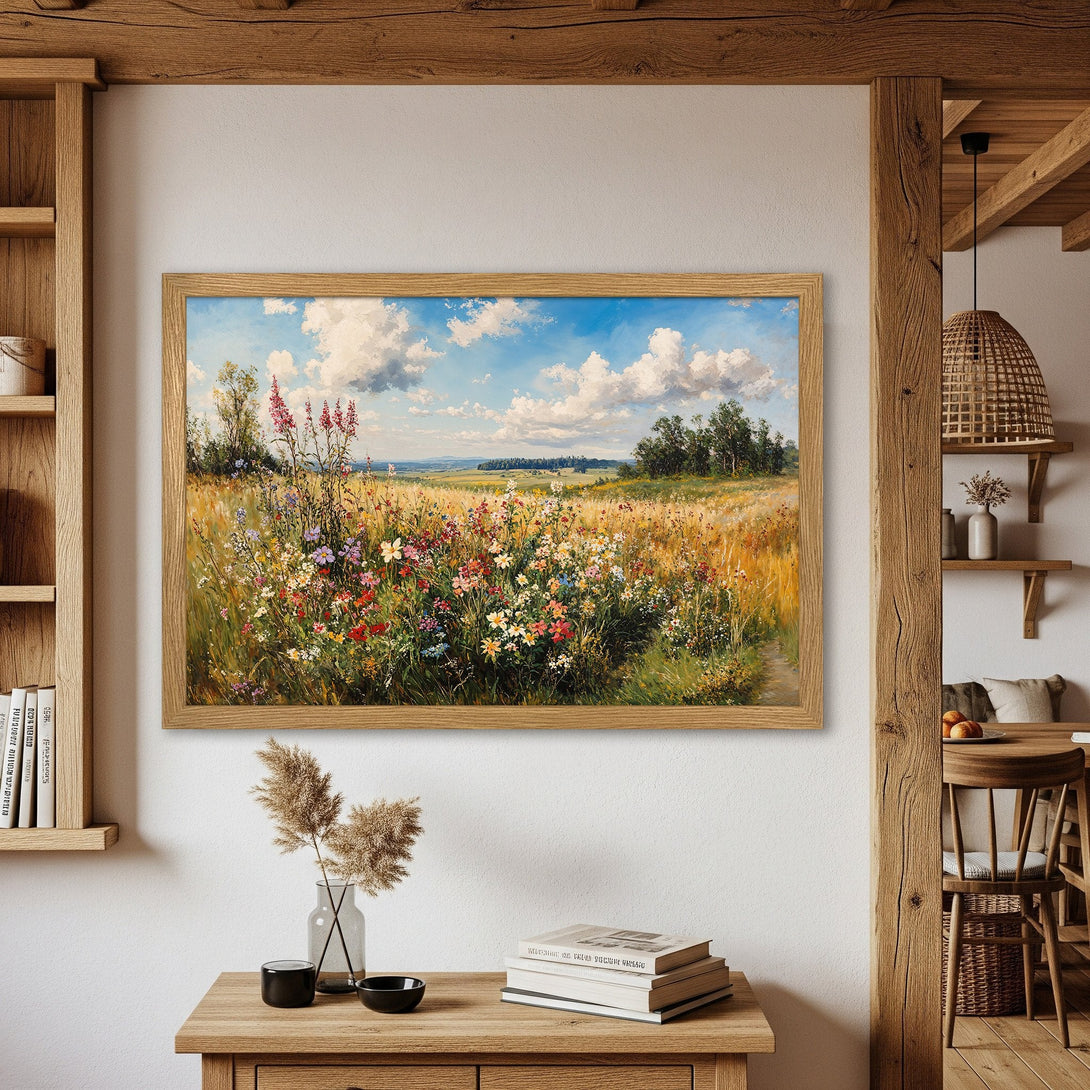 Framed Poster of a vibrant wildflower meadow painting, in a warm, natural color palette. Perfect art for your home!