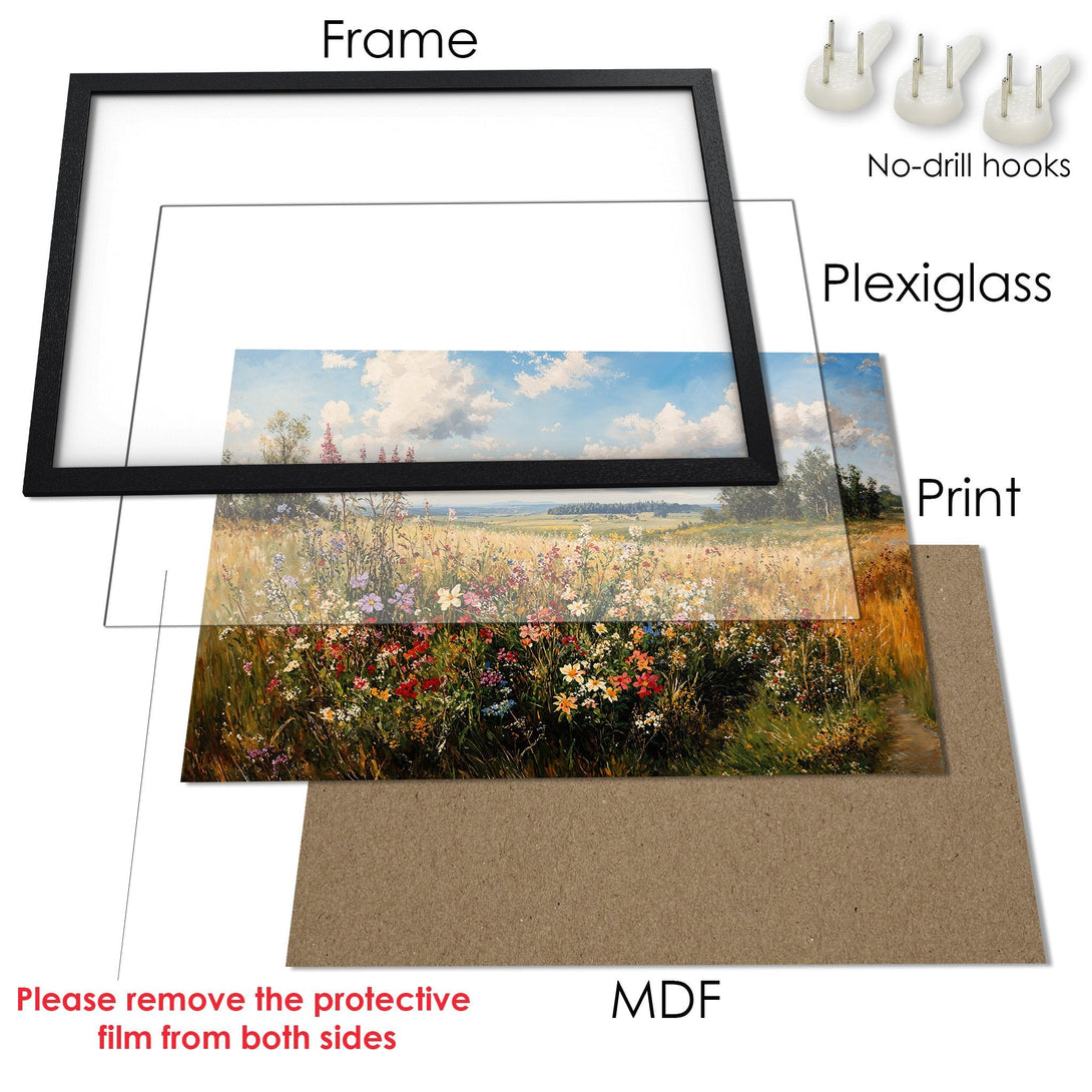 Framed Poster: Stunning floral landscape art print in a black frame. Earthy tones and vibrant colors for a beautiful home decor piece.