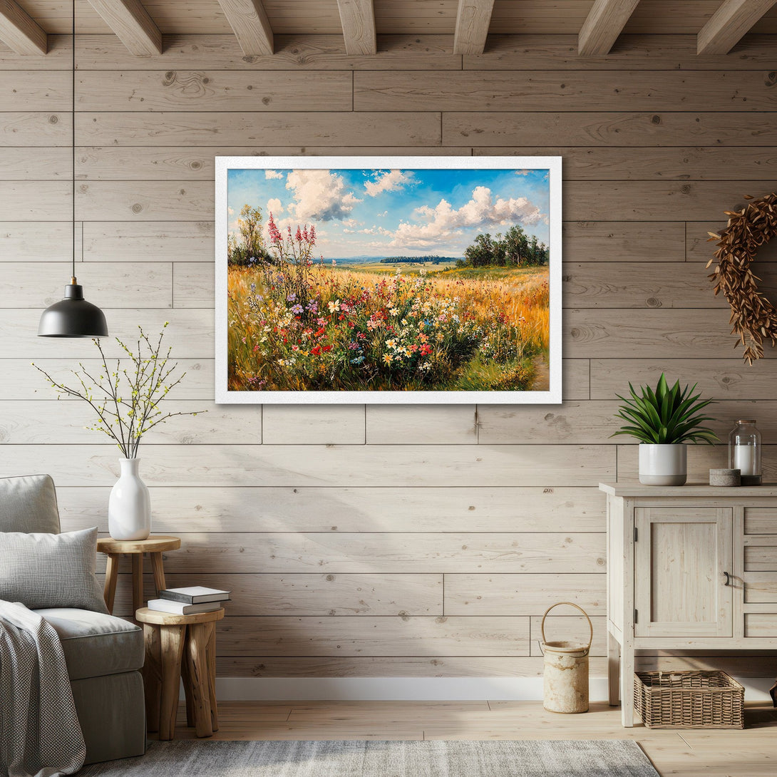 Framed Poster of a vibrant meadow landscape painting with blue sky, warm yellow and green tones. Perfect wall art!
