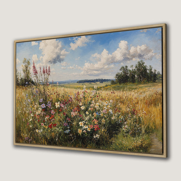 Canvas Print of a vibrant wildflower meadow painting. Warm, natural color palette with blues, greens, and golds. Perfect Framed Wall Art for any space.