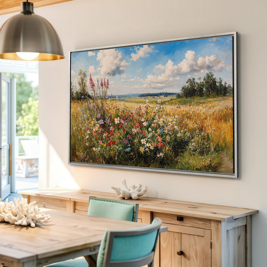Framed Wall Art: Impressionist landscape Canvas Print. Wildflowers in a field with a blue sky. Warm, natural color palette, perfect for home decor.