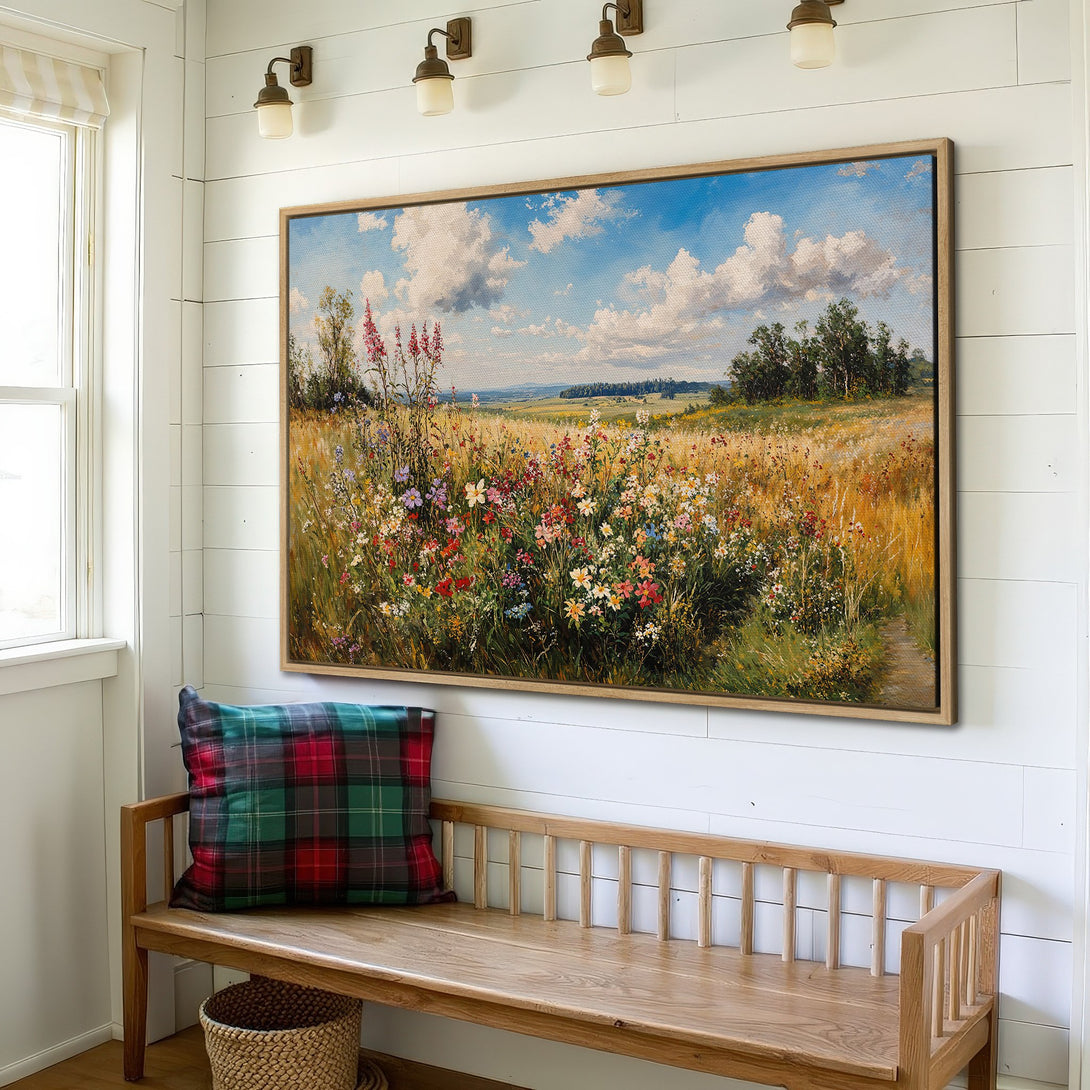 Framed Wall Art: Landscape Canvas Print with a field of wildflowers in a warm, inviting color palette. Perfect for adding a touch of nature to your home!