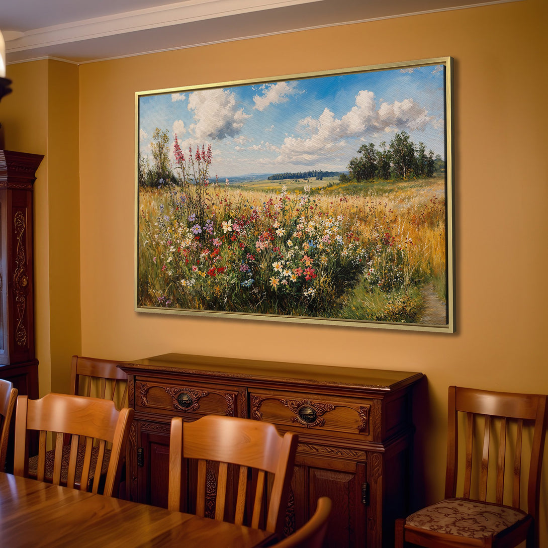 Canvas Print of a vibrant wildflower field painting. Rustic style with a warm, inviting color palette. Perfect for living room decor.