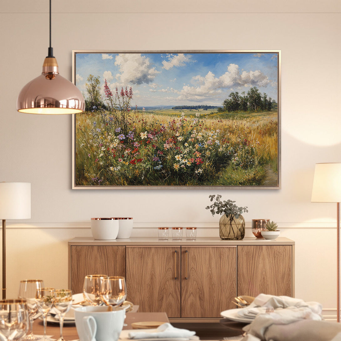 Framed Wall Art: Impressionist landscape Canvas Print with wildflowers, sky, and golden hues. Elevate your home decor with this beautiful artwork.