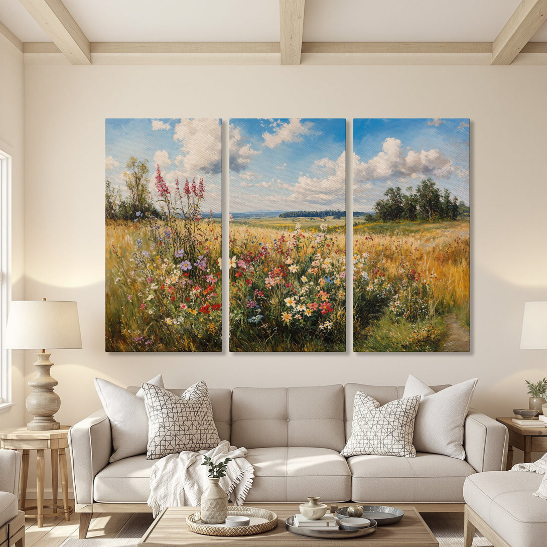 Canvas Print of a vibrant wildflower meadow scene. Impressionistic style with warm, earthy tones and blue sky. Perfect wall art for any room.