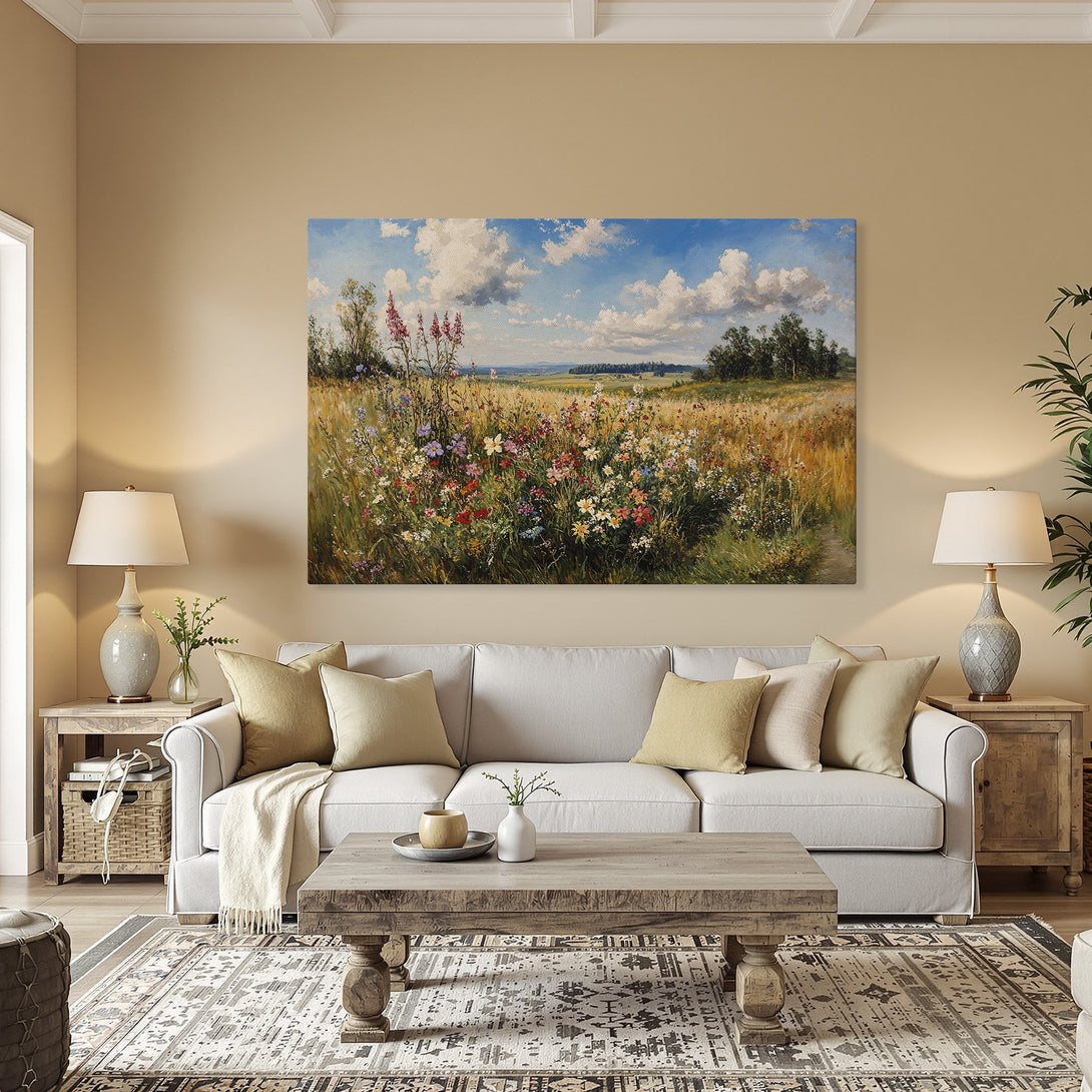 Framed Wall Art: Landscape Canvas Print with wildflowers, blue sky, and golden frame. Warm, inviting color palette for home decor.