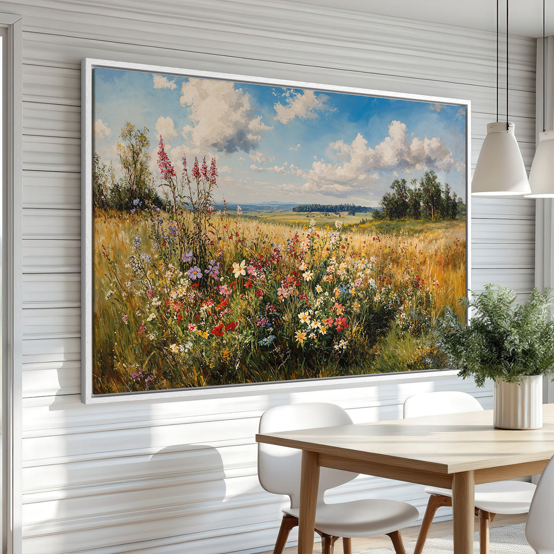 Framed Wall Art: Impressionistic landscape painting of a wildflower meadow in a bright, colorful palette. Perfect for adding a touch of nature to your space.