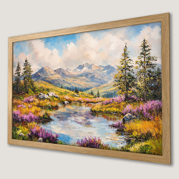 Framed Poster of a serene mountain landscape painting in vibrant colors. Perfect wall art for any room.