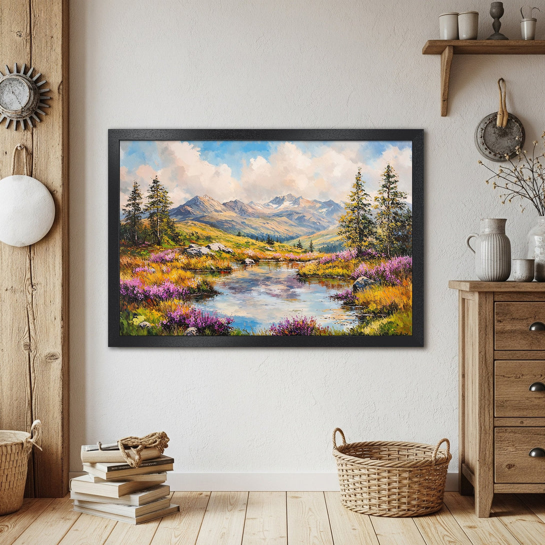 Framed Poster featuring a vibrant landscape painting. Captivating style with a colorful palette of blues, greens, and purples. Add art to your space!