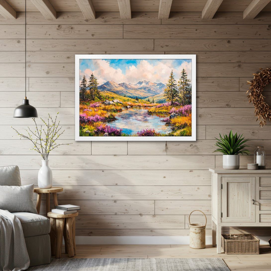 Framed Poster of a vibrant mountain landscape painting. Impressionistic style with a warm, colorful palette. Perfect wall art for any home.