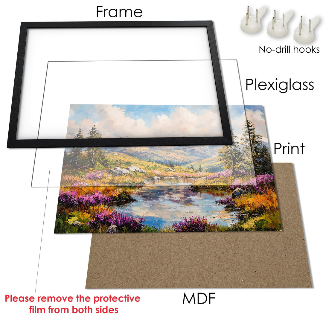 Framed Poster of a serene landscape painting with vibrant colors. Perfect wall art for your home!