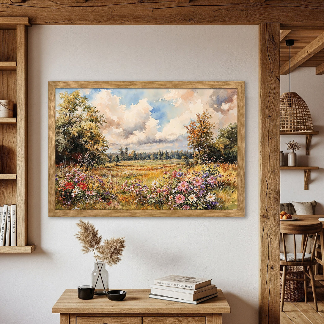 Framed Poster of a serene meadow landscape in watercolor style. Warm, earthy tones and vibrant flowers create a calming aesthetic.
