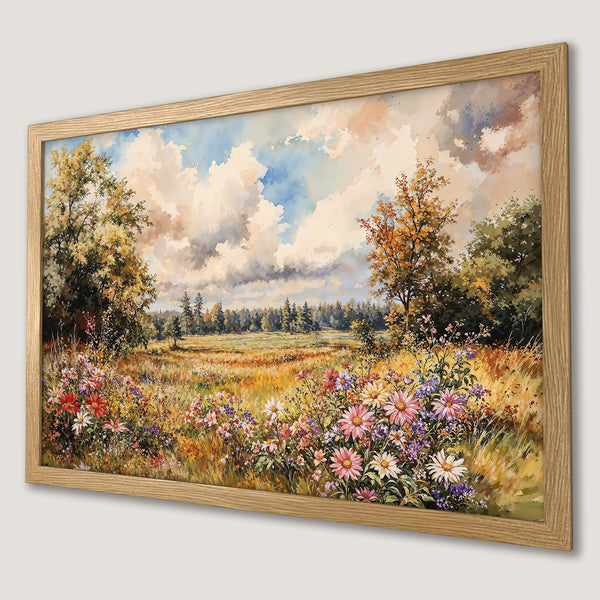 Framed Poster of a vibrant meadow landscape painting, featuring colorful wildflowers and a warm, natural color palette.