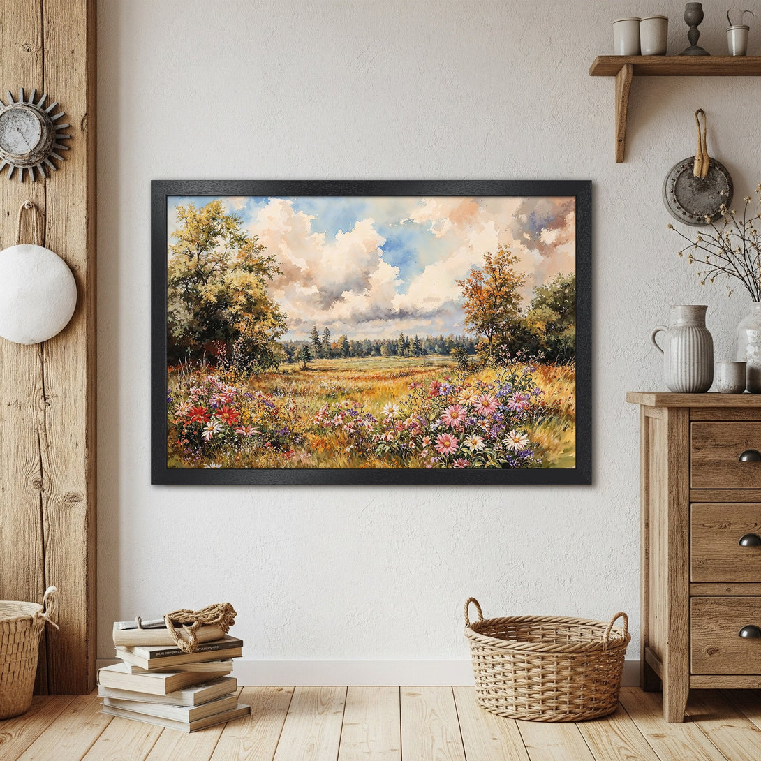 Framed Poster of a serene landscape painting with a warm color palette, perfect for home decor.