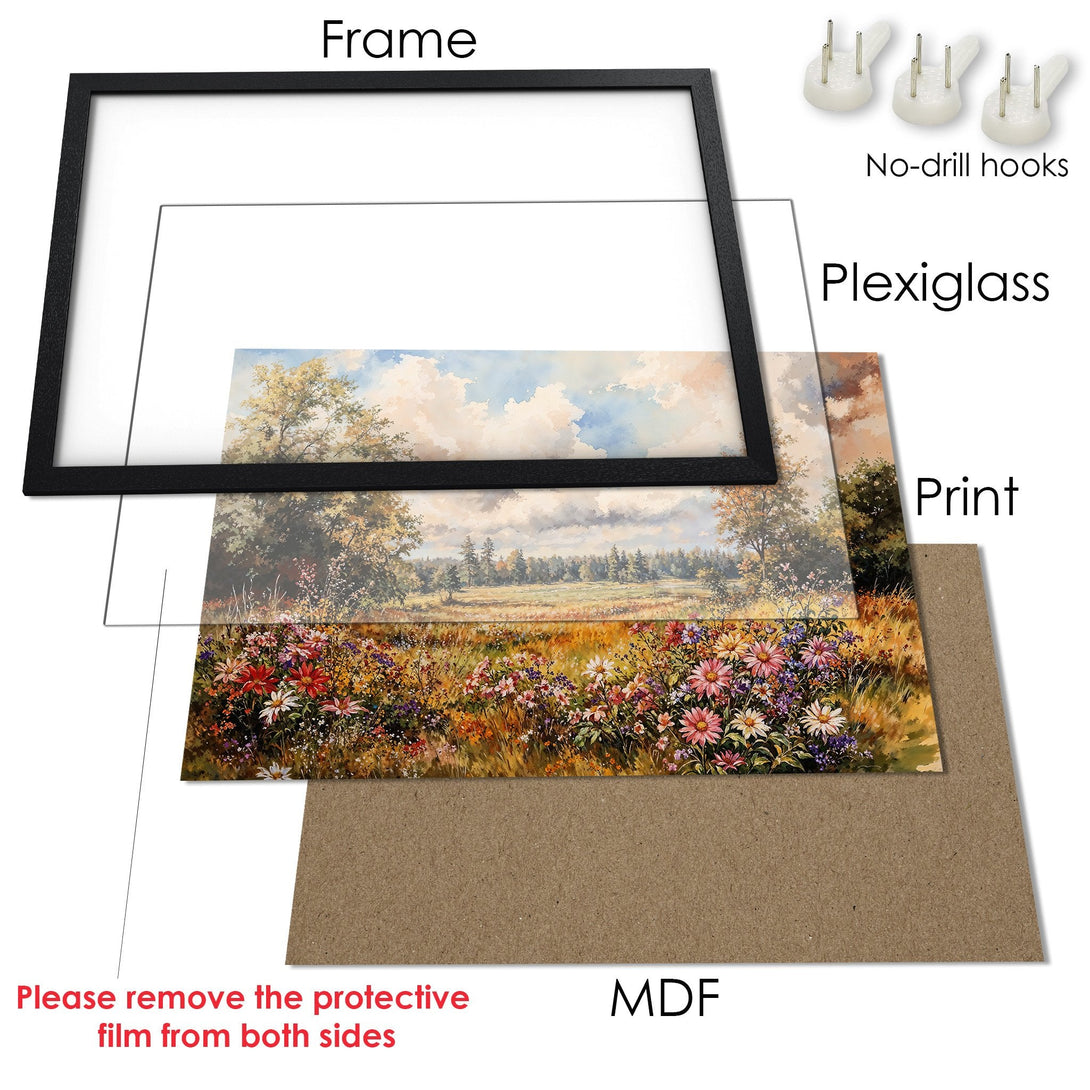 Framed Poster of a scenic landscape with a vibrant floral foreground. Features warm, earthy tones and a black frame.