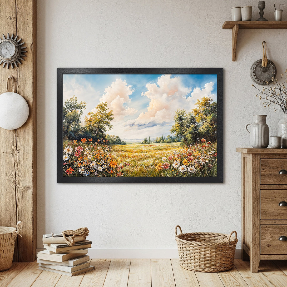 Framed Poster of a vibrant meadow landscape. Impressionistic style with warm yellows, greens, and blues. Perfect wall art for your home!