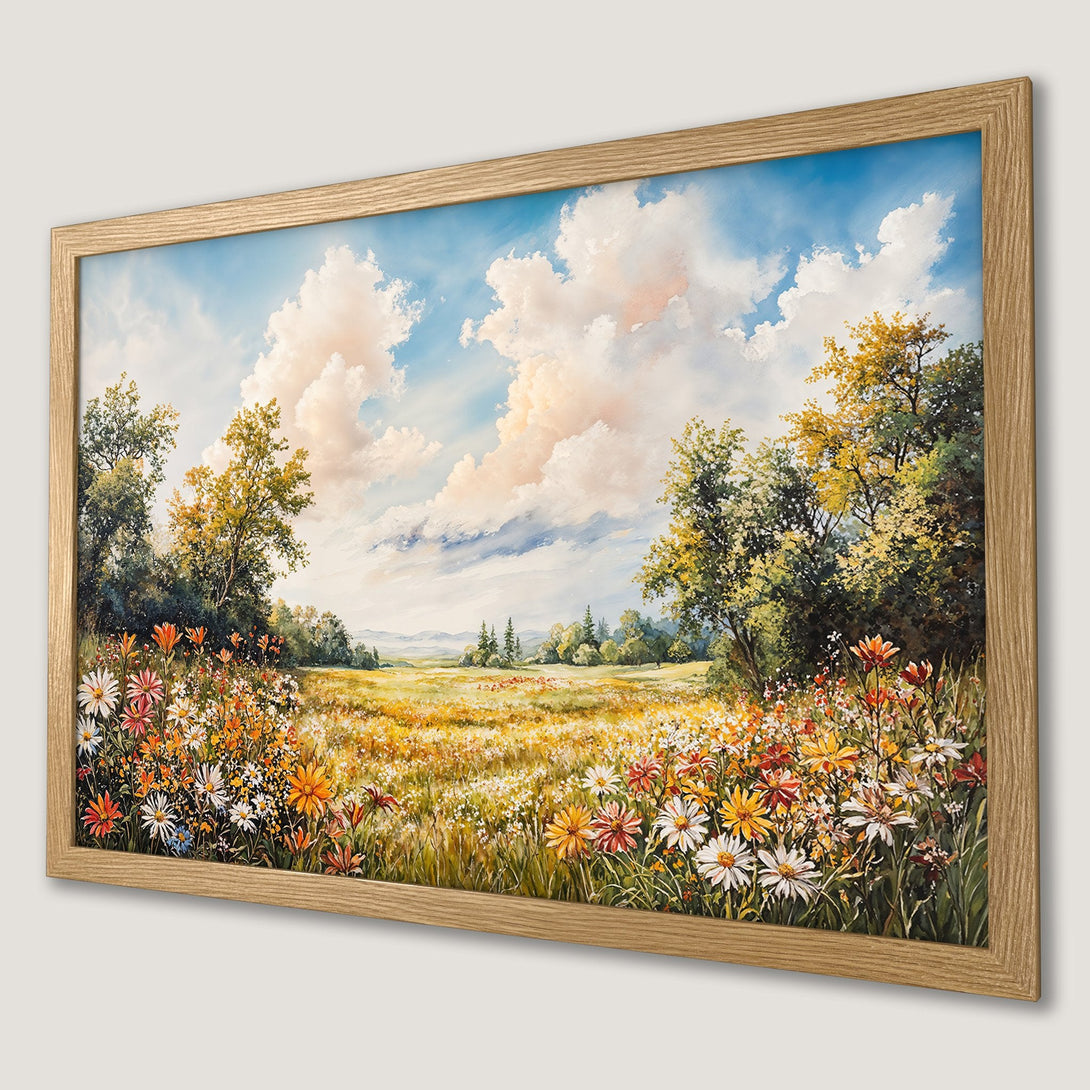 Framed Poster of a vibrant meadow scene with colorful flowers, blue sky, and soft clouds. Warm, inviting color palette. Perfect wall art!