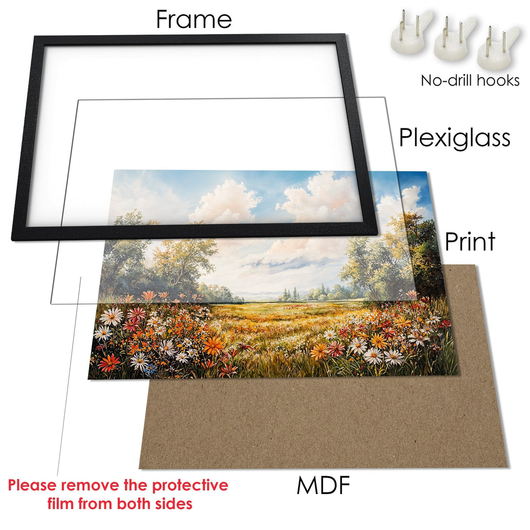 Framed Poster featuring a vibrant landscape painting. Earthy tones with pops of color, perfect for adding warmth to your space.