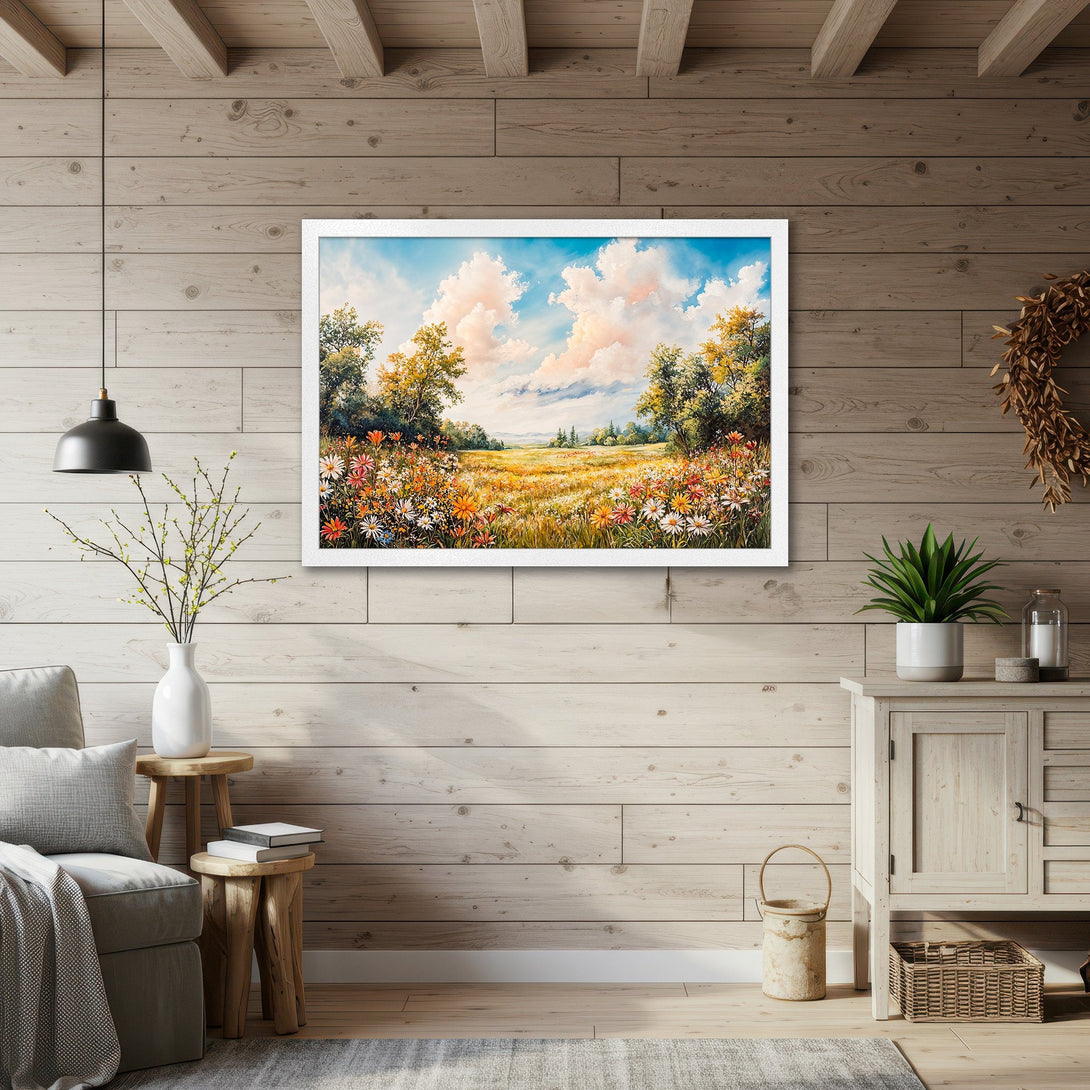 Framed Poster featuring a vibrant meadow landscape in a classic, warm style. Earthy tones and blue sky create a calming aesthetic.
