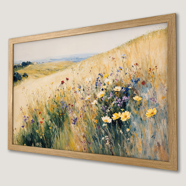 Framed Poster of a vibrant wildflower meadow painting in a warm, natural color palette. Perfect art for any space!