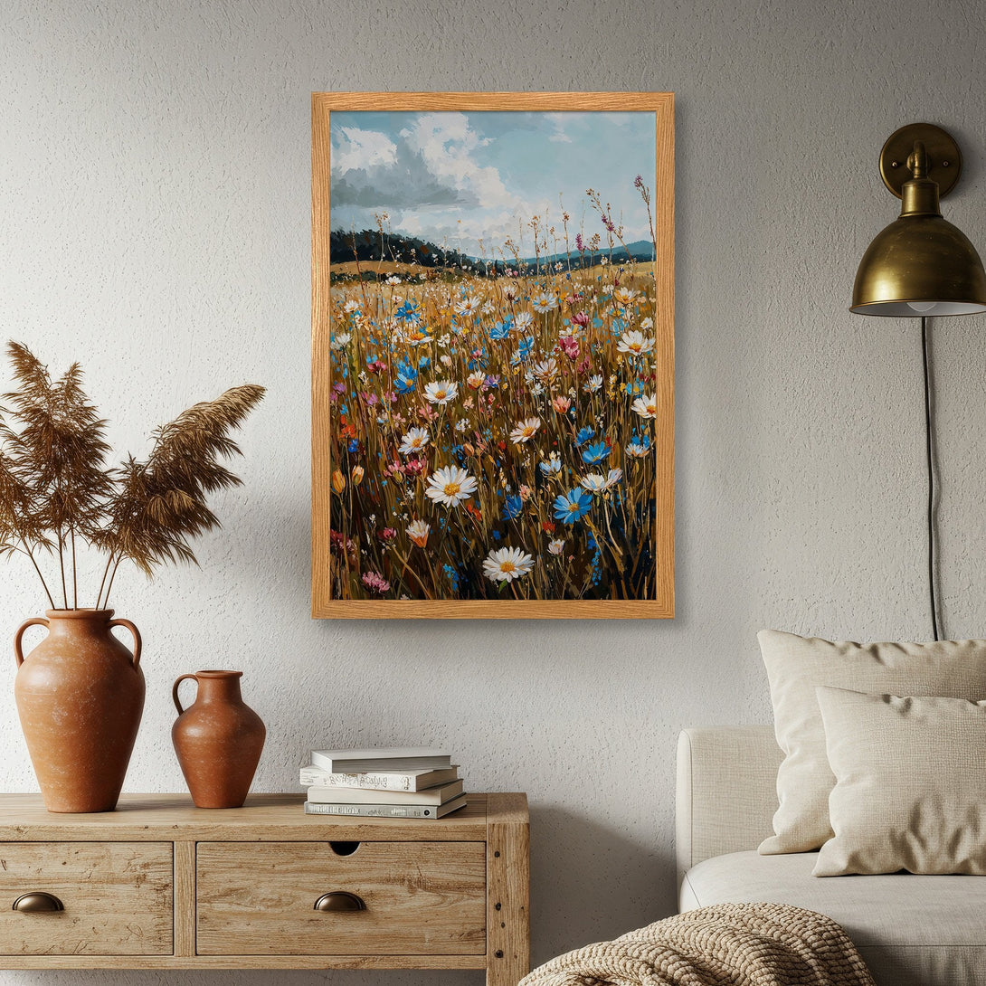Framed Poster of a vibrant wildflower field, impressionistic style with a warm, colorful palette. Perfect wall art!