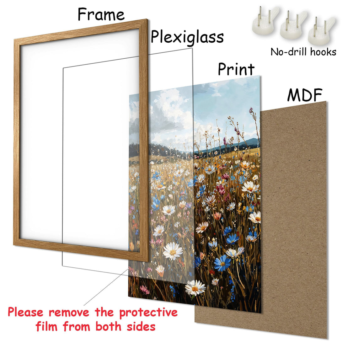 Framed Poster of wildflowers in a field, impressionistic style with a warm, natural color palette. Add art to your walls!