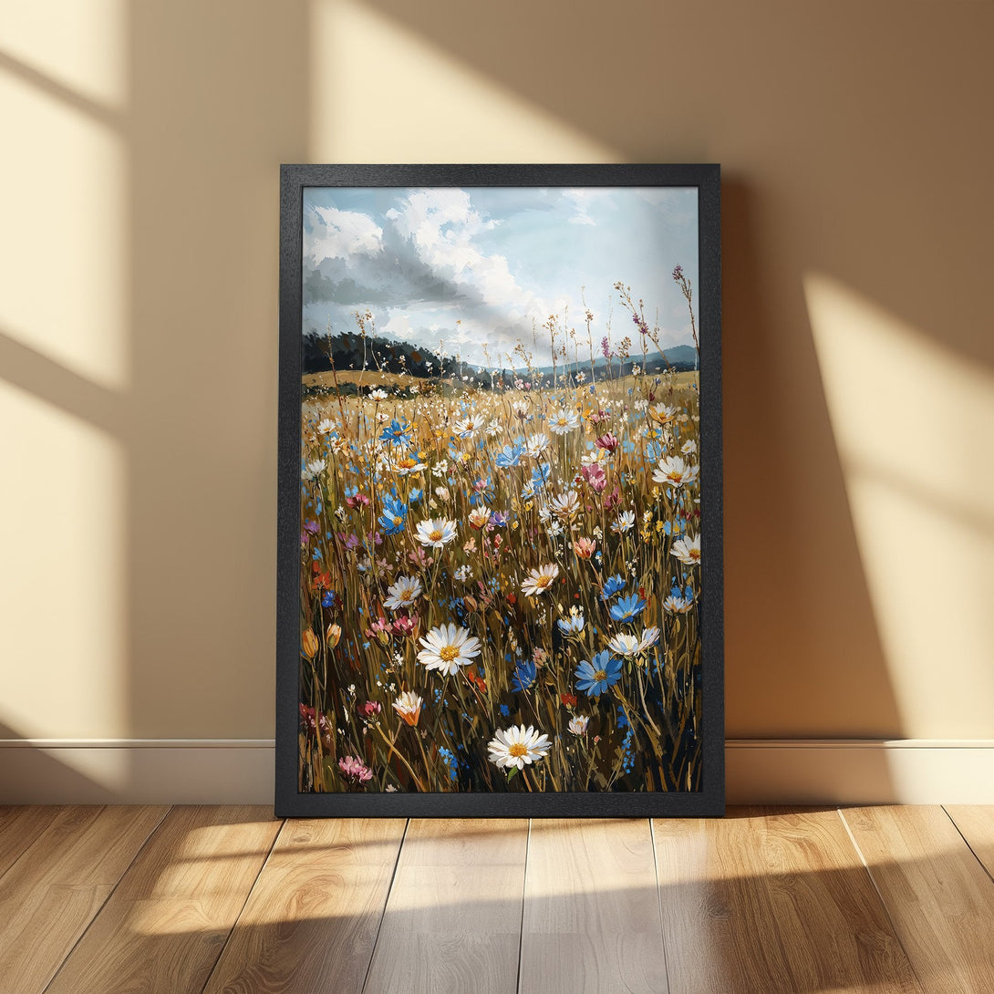 Framed Poster featuring a vibrant wildflower field painting. Impressionistic style with a warm, earthy color palette. Perfect wall art!
