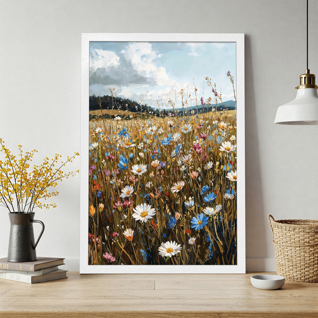 Framed Poster of a vibrant wildflower field painting. Impressionistic style with a warm, earthy color palette. Perfect wall art!